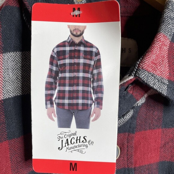 JACHS Red Blue  Brawny Plaid Flannel Men's MEDIUM Long Sleeve Shirt Pockets - Picture 5 of 10
